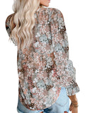 Women's Floral Print V Neck Blouse Shirts Loose Fit Long Lantern Sleeve T Shirts Pullover Tops
