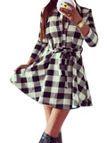 Women's Plaid Check V-Neck Long Sleeve A-Line Mini Dress Lace Up Casual Dresses