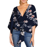 Women's Blouse Half Sleeve Printed Tie Cotton Top Beach Wear Deep V Neck Loose Shirt