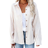 Women's Solid Color Lapel Long Corduroy Sleeve T-Shirt Pullover Blouse Tops Tee