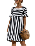 Women Fashion Skirt Striped Printed Short Sleeve Round Neck Casual Dress Ruffles