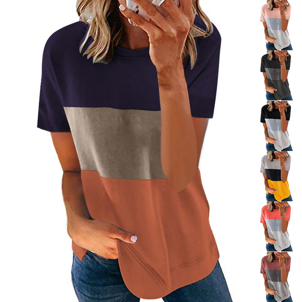 Women Splicing T Shirt Casual Short Sleeves Pullover Round Neck Tops Blouse Tee