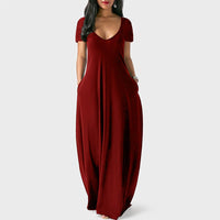 Women Solid Color Long Dress U Neck With Pockets Short Sleeve Comfortable Dress