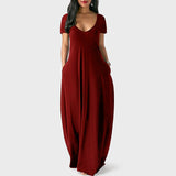 Women Solid Color Long Dress U Neck With Pockets Short Sleeve Comfortable Dress