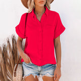 Women Short Sleeve Solid Color T-Shirt Blouse Lapel Buttons Casual Pullover