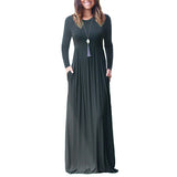 Women Tunic Waist Full Length Dress Solid Color Scoop Neck Slim Fit Long Sleeve