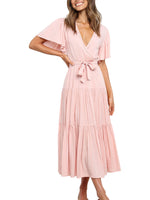 Women's Solid Color Dress Long Short Sleeve Lace Up V Neck Comfortable Dresses