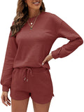 Women Two Piece Tracksuit Set Knitted Long Sleeve Tops Shorts Fitness Loungewear