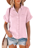 Women Lapel Top Short Sleeve Solid Color T-Shirt Blouse Casual Pullover Button