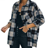 Women's Long Sleeve Plaid Tops Shirt Long Sleeve Button Loose Lapel Shirt Pocket