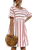 Women Fashion Skirt Striped Printed Short Sleeve Round Neck Casual Dress Ruffles