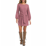 Women Solid Color Puff Sleeve Mini Dress Casual Loose Lace Up Pencil Tunic Dress