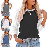 Women Color Matching Crew Neck 3/4 Sleeve T-Shirt Pullover Blouse Tops Tunic Tee