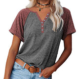 Women Color Matching V-Neck Short Sleeve Top T-Shirt Loose Blouse Pullover Tunic