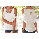 Women Summer Cold Shoulder Loose Top Blouse Ladies Casual Tops T-Shirt Short Bat Sleeve Scoop Neck Baggy Pullover