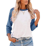 Women Color Matching Crew Neck 3/4 Sleeve T-Shirt Pullover Blouse Tops Tunic Tee