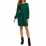 Women Solid Color Puff Sleeve Mini Dress Casual Loose Lace Up Pencil Tunic Dress