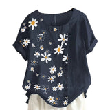 Women Crew Neck T-Shirt Daisy Printing Ruffles Short Sleeve Top Blouse Pullover