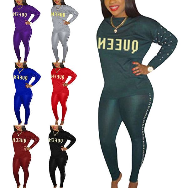 Women Letter Design Rhinestone Faux Pearl Two-Piece Suit Party Sexy Tracksuit