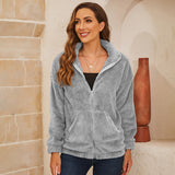 Women Zip Jacket Long Sleeves Lapel Collar Solid Color Warm Thicken Woolen Coat