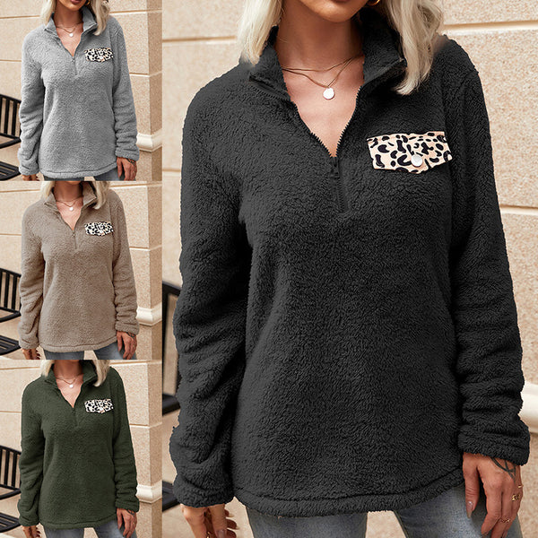 Women Winter Sweater Shirt Stand Collar Zipper Leopard Print Loose Long Sleeve