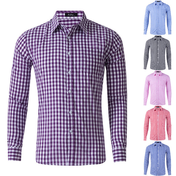 Men Casual Cotton Plaid Printed Long Sleeve Shirt Lapel Tops Blouse Button-Down