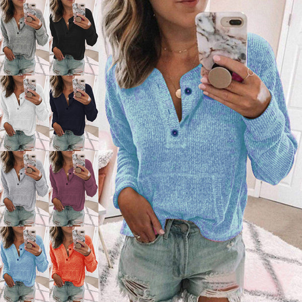 Women's Front Button Long Crochet Pockets Sleeve Lightweight Rib Tee Shirt Top