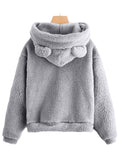 Ladies Rabbit Ear Fluffy Coat Fleece Hooded Solid Color Keep Warm Outwear Coat