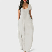 Women Solid Color Long Dress U Neck With Pockets Short Sleeve Comfortable Dress