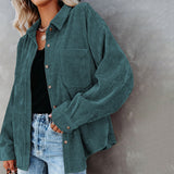 Women's Solid Color Lapel Long Corduroy Sleeve T-Shirt Pullover Blouse Tops Tee