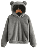 Ladies Rabbit Ear Fluffy Coat Fleece Hooded Solid Color Keep Warm Outwear Coat