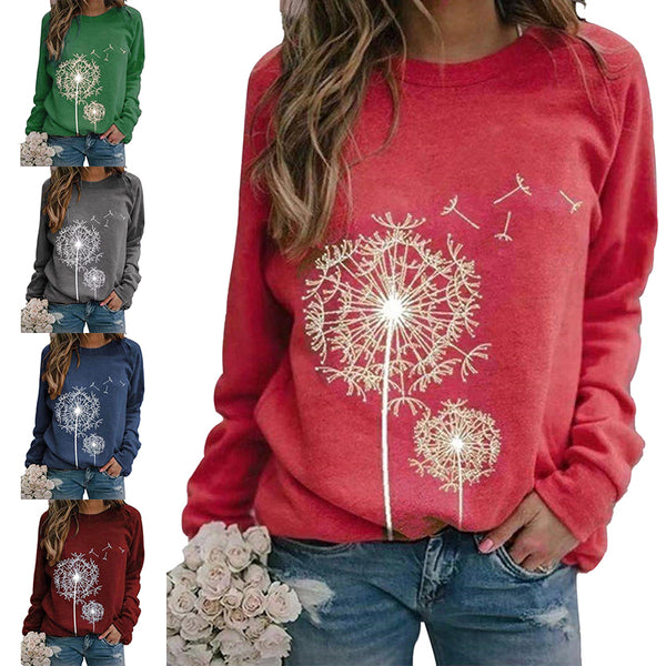 Women Dandelion Printed Long Sleeve T-Shirt Pullover Blouse Tops Tunic Plus Size
