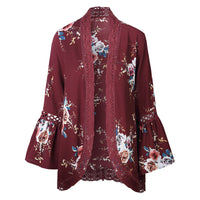 Lady Lace Hollow Flowers Flared Sleeve Open Front Outwear Casual Light Smock Top