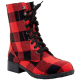 Women Red Plaid Chunky Mid Calf Boots Shoes Warm Booties Lace Up& Zip Round Toe