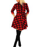 Women's Plaid Check V-Neck Long Sleeve A-Line Mini Dress Lace Up Casual Dresses