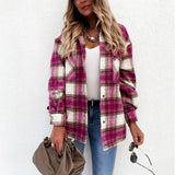 Women's Check Fleece Casual Jacket Shacket Top Shirt Coat Tunic Loose Baggy Coat