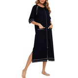 Lumento Women Pajamas Zipper Front Nightgown Full Length Lounge Dress with Pockets