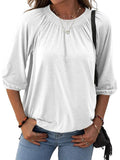 Women Solid Color Crew Neck Ruched 3/4 Sleeve Tops T-Shirt Blouse Pullover Tee