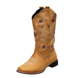 Ladies Sunflower Print Mid Calf Boots Slip On Daily Wear Chunky Heel Tall Boot