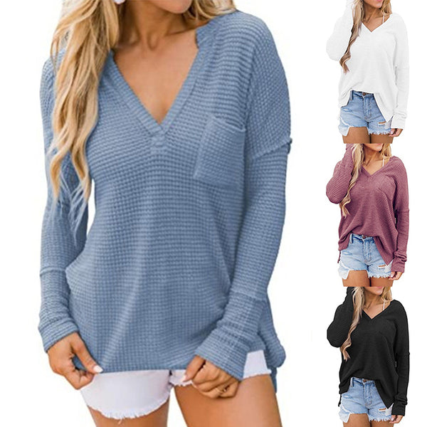 Women Waffle Split Knit Shirts V-Neck Long Sleeve Casual Pockets Loose Blouses
