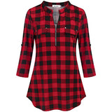 Women Plaid Printed Casual Shirt Blouse Tops Stand Collar Pullover Tunic Zipper
