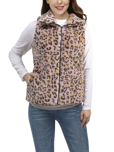 Women's Leopard Animal Print Plush Sleeveless Vest Jacket Casual Loose Warm Coat
