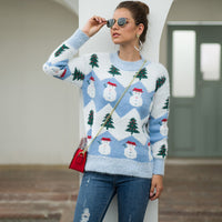 Women Crew Neck Long Sleeve Christmas Snowman Tree Knitted Sweater Pullover Jumper Tops Ladies Crew Neck Casual Knitwear Top