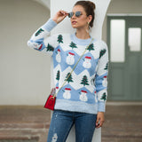 Women Crew Neck Long Sleeve Christmas Snowman Tree Knitted Sweater Pullover Jumper Tops Ladies Crew Neck Casual Knitwear Top