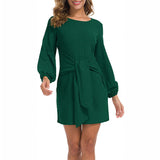 Women Solid Color Puff Sleeve Mini Dress Casual Loose Lace Up Pencil Tunic Dress