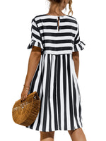 Women Fashion Skirt Striped Printed Short Sleeve Round Neck Casual Dress Ruffles