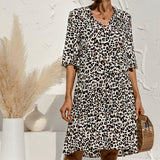 Ladies V-neck Flared Short Sleeves Cake Splicing Color Printed Casual Midi Dress