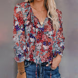 Women's Floral Print V Neck Blouse Shirts Loose Fit Long Lantern Sleeve T Shirts Pullover Tops