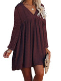 Women's Solid Color V-Neck Mini Dresses Casual Long Sleeve A-Line Dresses Ruched