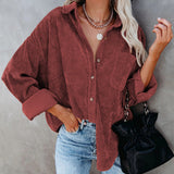 Women's Solid Color Lapel Long Corduroy Sleeve T-Shirt Pullover Blouse Tops Tee